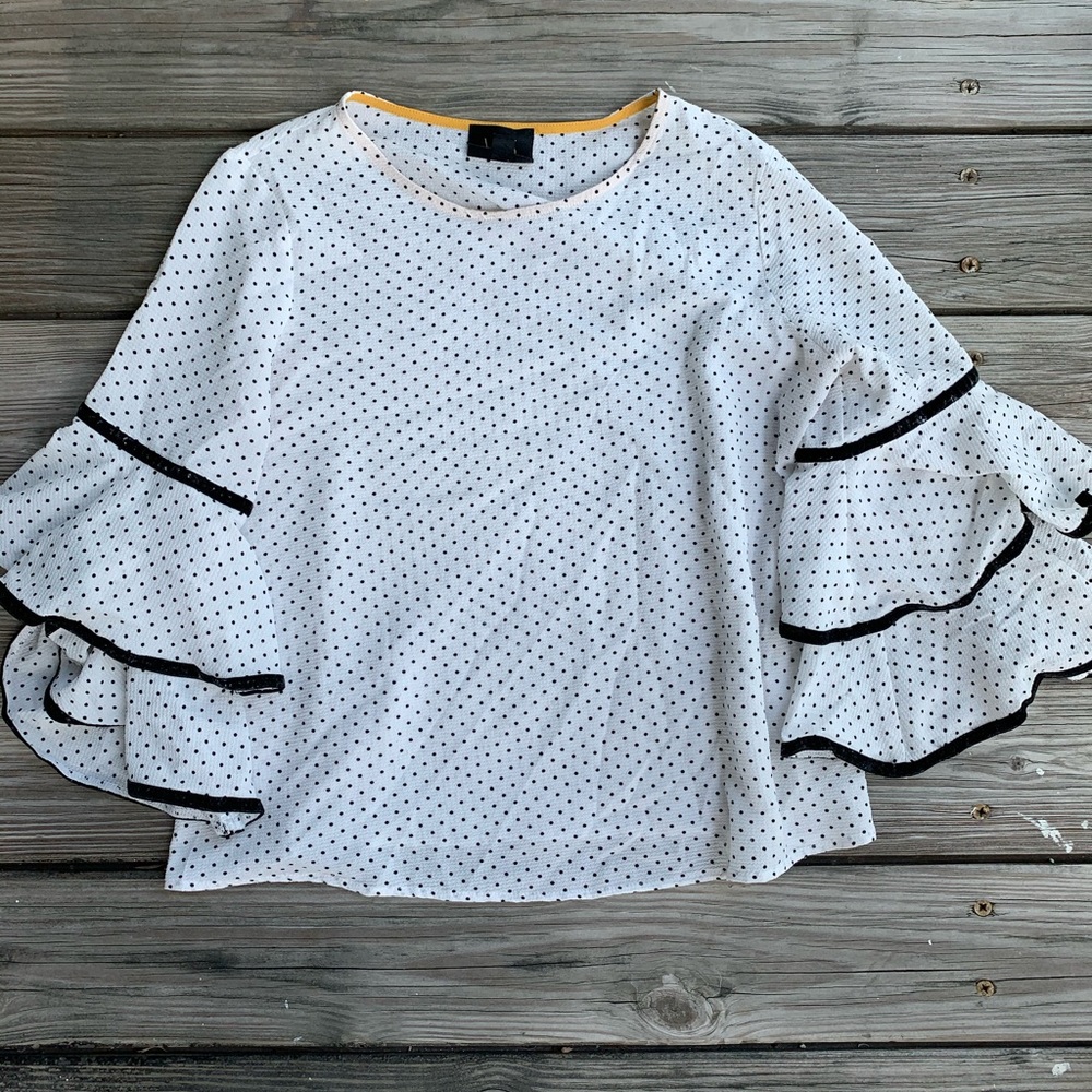 White and Black Polka Dot Shirt with Ruffles